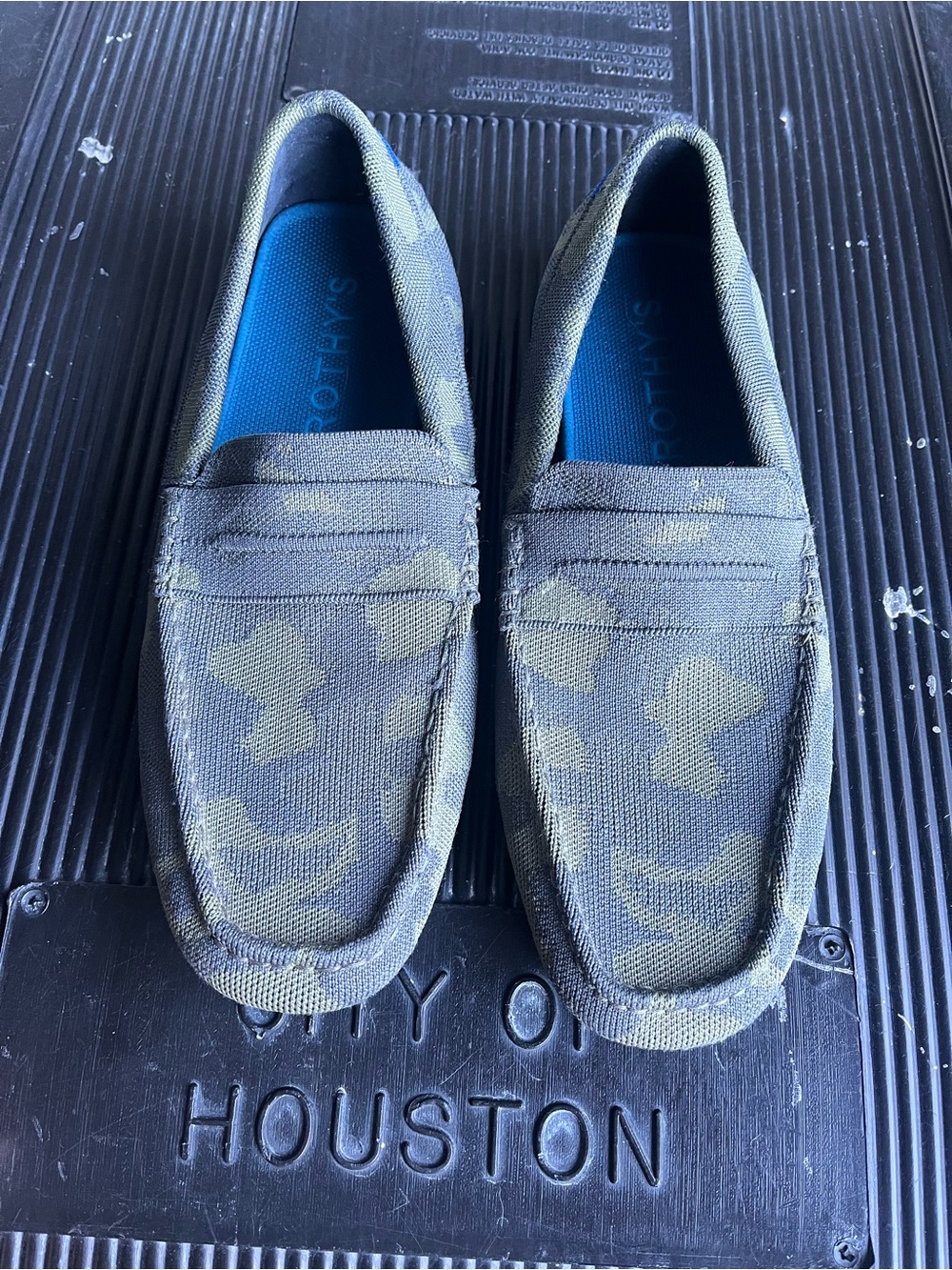 Rothy's Men's Camo Slip-On Loafers in Olive Green with Blue Insole